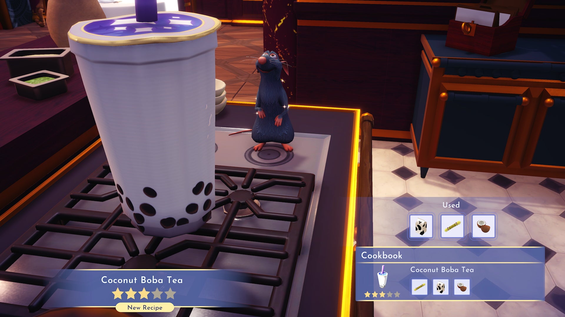 How to make boba tea in Disney Dreamlight Valley, including raspberry